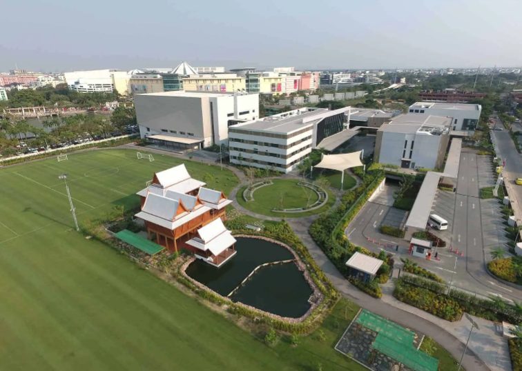 Aerial view of the sports field and Thai pavilion