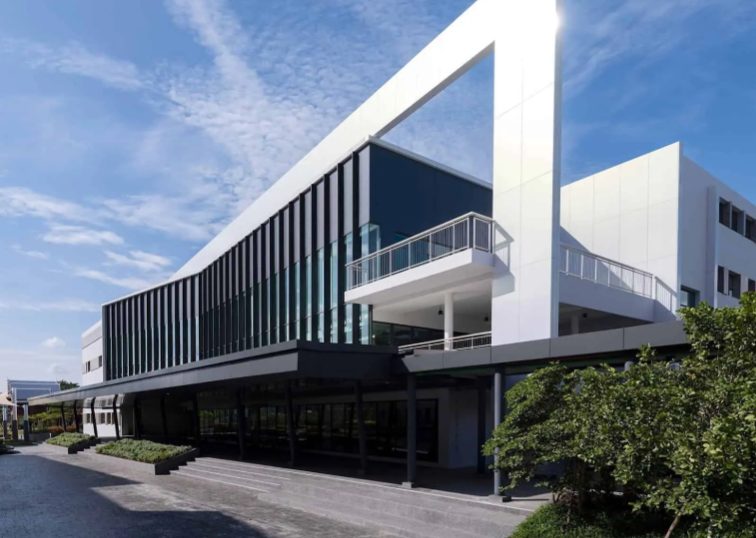 Modern campus building with glass facade